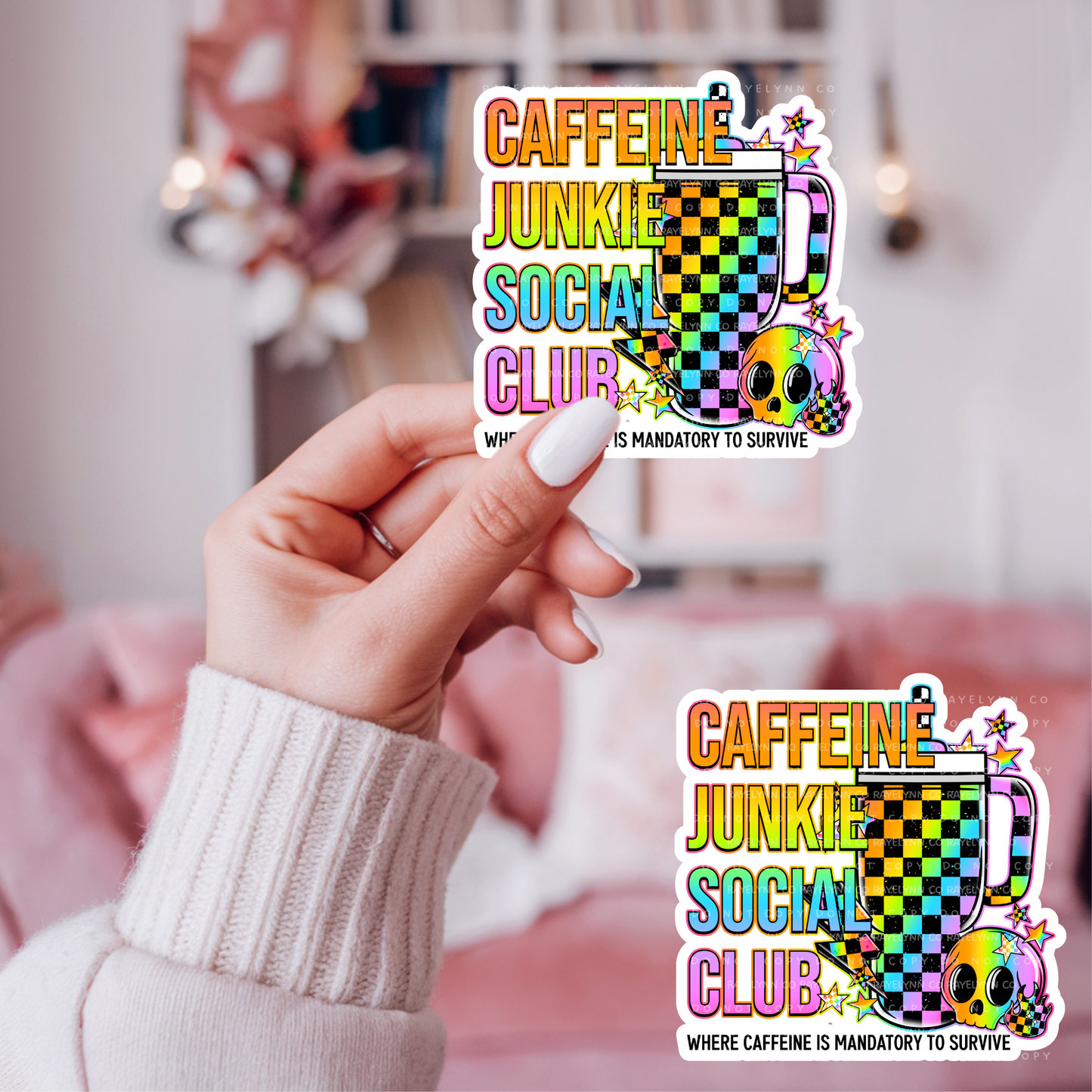 CAFFEINE JUNKIE SOCIAL CLUB- DYE CUT STICKER